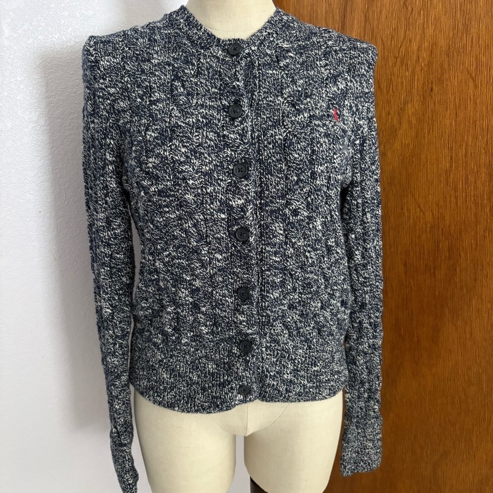 POLO RALPH LAUREN sz L Ragg Cable Knit Long Sleeve Cardigan Sweater Blue White - Picture 1 of 8